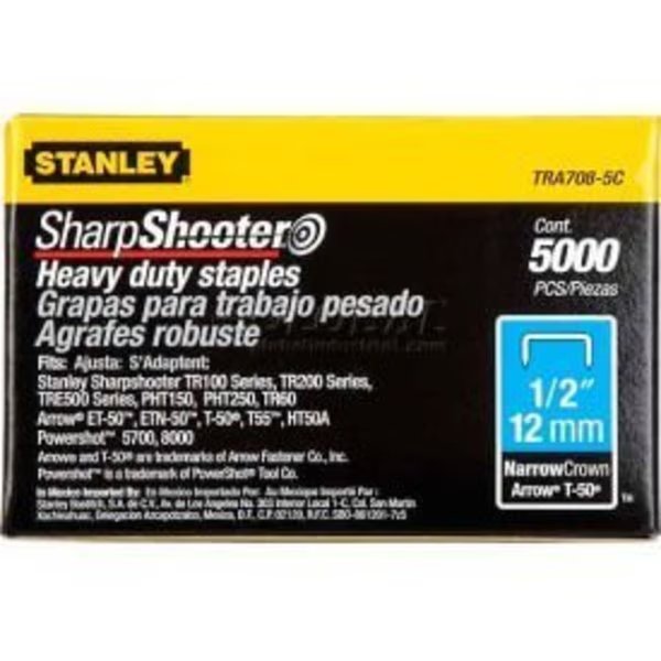Heavy Duty Staples, T25, 24 ga, Narrow Crown, 1/2 in Leg L, Steel, Stanley, Mfr#: TRA708-5C